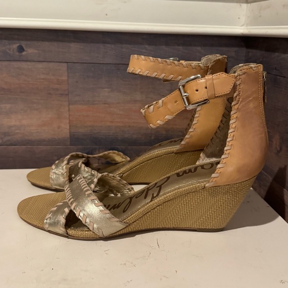 Sam Edelman Leather Silvia Wedge Sandals Shoes Women’s Size 10 Gold Brown Ankle - Picture 2 of 10